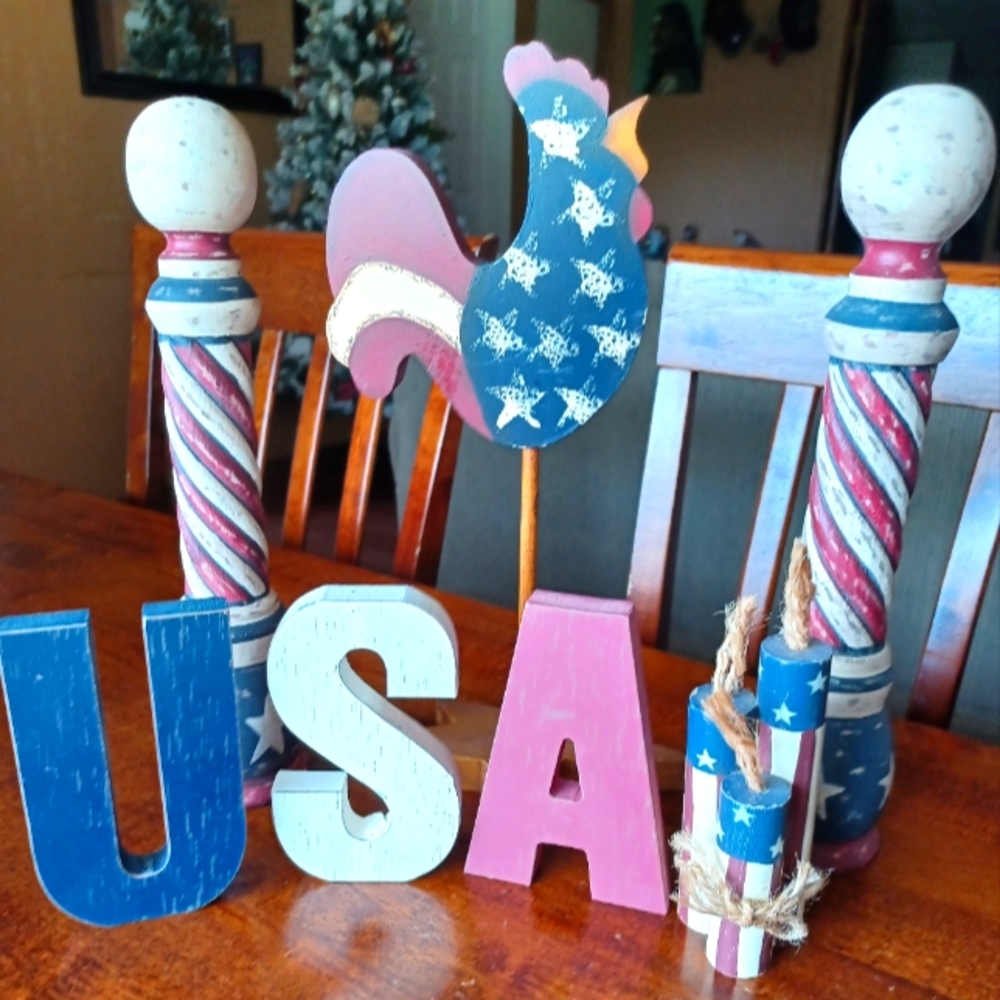7 PC. WOOD SET TENDER HEART TREASURE DECOR. PATRIOTIC, RUSTIC, COUNTRY